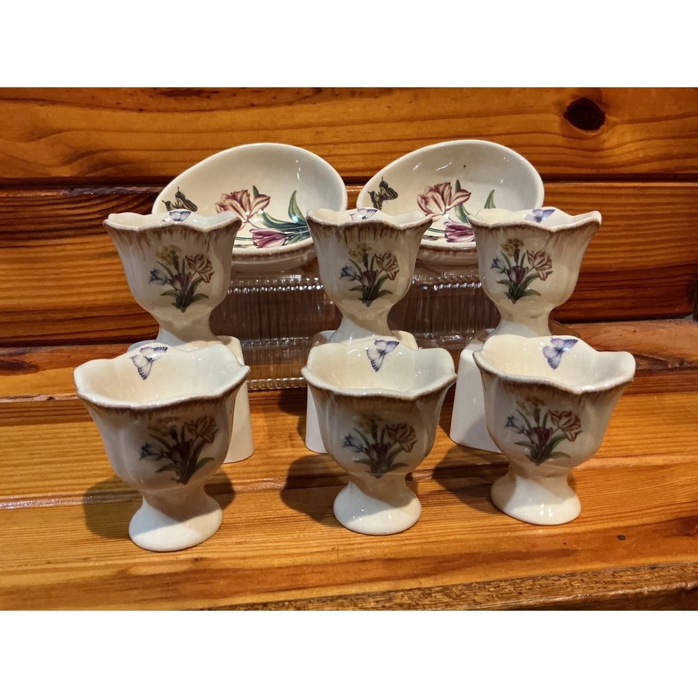 Vintage Ceramic Floral Egg Cup and Bowl Set 8pc Tulips‎ Butterflies Cream Brown